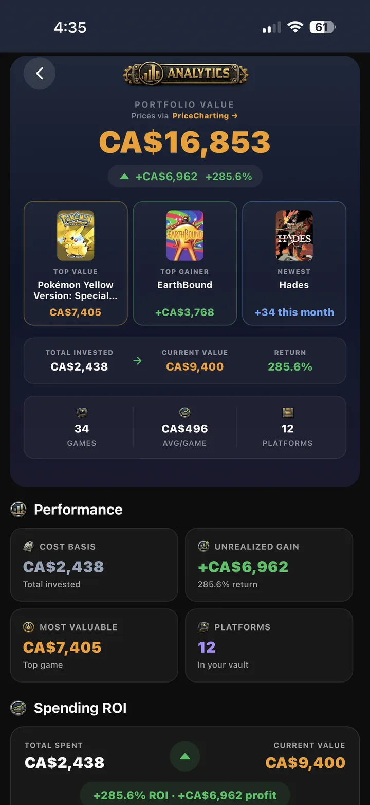 GamerVault analytics with portfolio value, ROI and top gainers