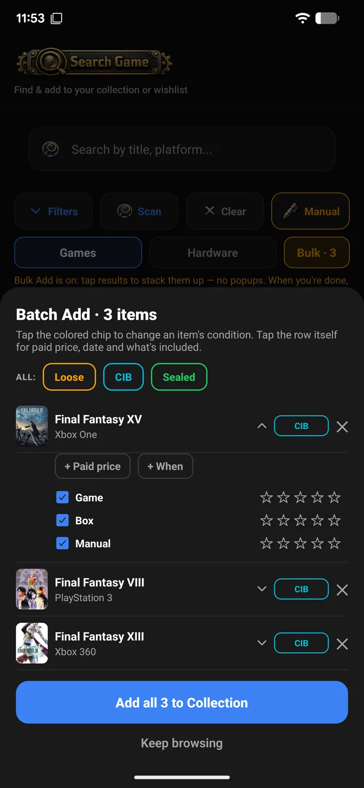 GamerVault Bulk Add review sheet with queued games and per-row conditions
