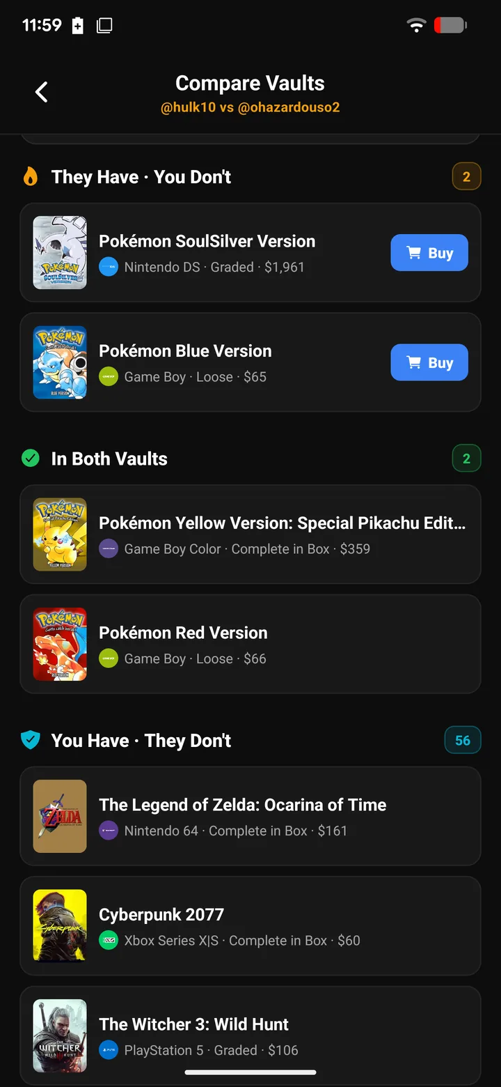 GamerVault list of games another collector owns that you don't