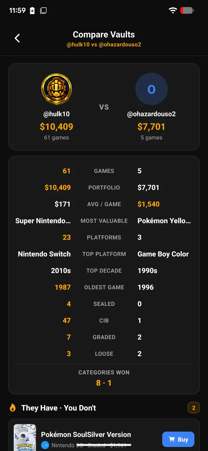 GamerVault Compare Vaults head-to-head stats between two collectors