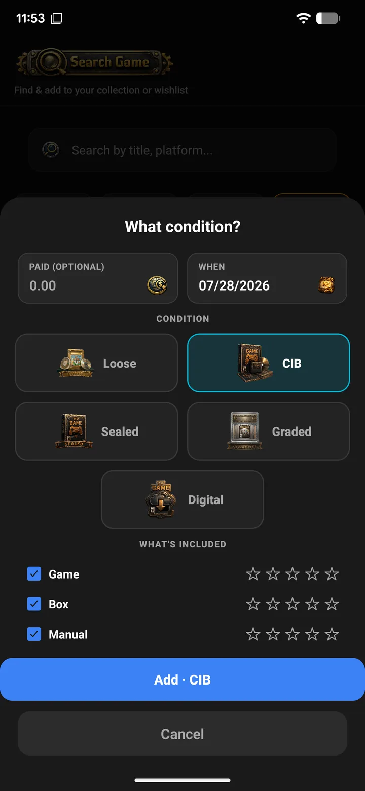 GamerVault add screen with condition tiers, paid price, date and per-piece grading
