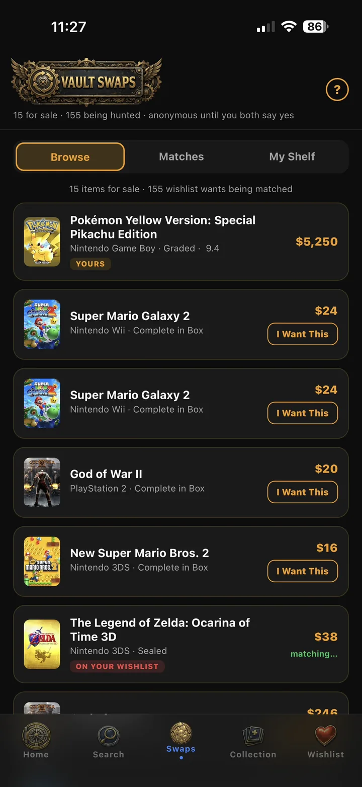 GamerVault Vault Swaps tab showing games other collectors have for sale with I Want This buttons