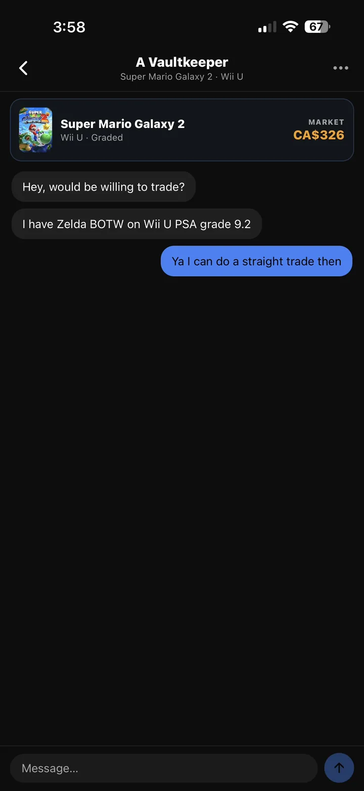 Vault Swaps chat between two matched collectors arranging a trade